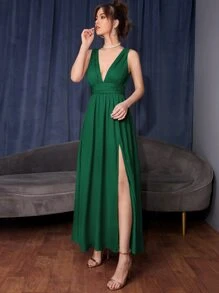 SHEIN Belle 無袖高衩褶邊洋裝