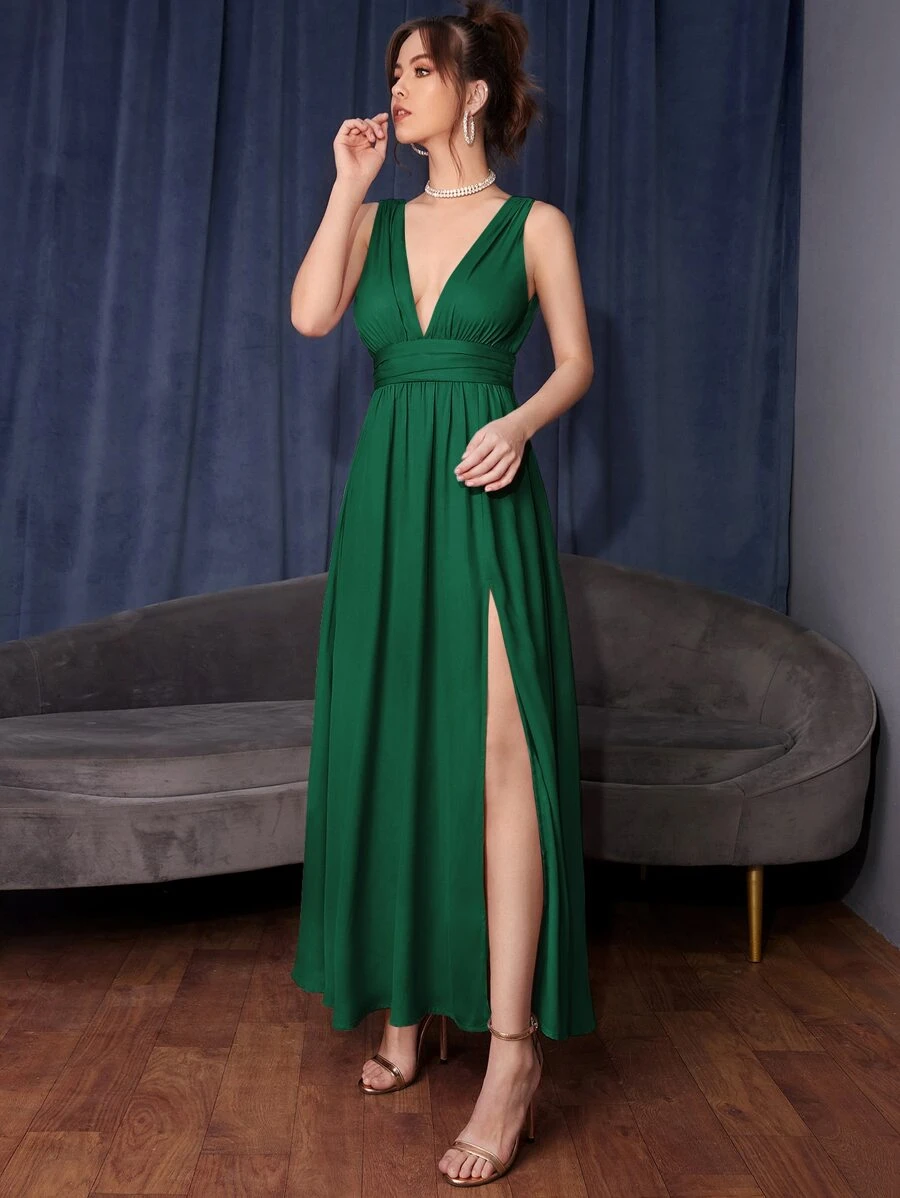 SHEIN Belle 無袖高衩褶邊洋裝