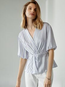 MOTF PREMIUM LYOCELL BALLOON SLEEVE PEPLUM TOP - Blue and White - View 2