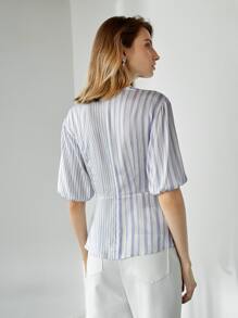 MOTF PREMIUM LYOCELL BALLOON SLEEVE PEPLUM TOP - Blue and White - View 3