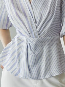 MOTF PREMIUM LYOCELL BALLOON SLEEVE PEPLUM TOP - Blue and White - View 5