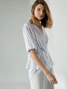 MOTF PREMIUM LYOCELL BALLOON SLEEVE PEPLUM TOP - Blue and White - View 6