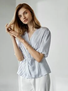 MOTF PREMIUM LYOCELL BALLOON SLEEVE PEPLUM TOP - Blue and White - View 7