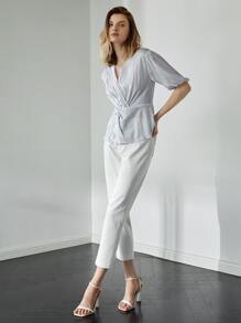 MOTF PREMIUM LYOCELL BALLOON SLEEVE PEPLUM TOP - Blue and White - View 8