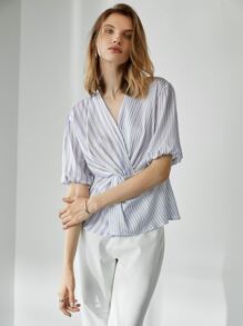 MOTF PREMIUM LYOCELL BALLOON SLEEVE PEPLUM TOP - Blue and White - View 9