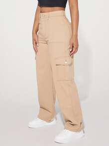 SHEIN PETITE High Waist Flap Pocket Side Cargo Jeans - Khaki - View 1