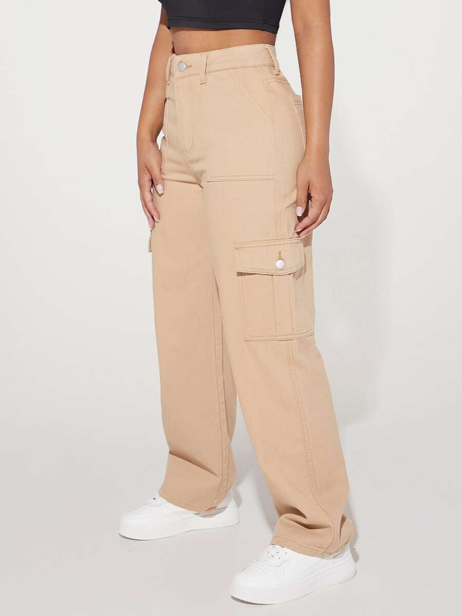 SHEIN PETITE High Waist Flap Pocket Side Cargo Jeans - Khaki - View 1