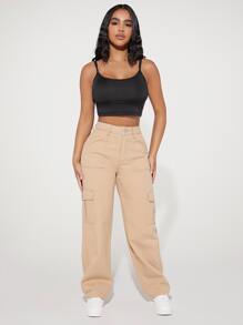 SHEIN PETITE High Waist Flap Pocket Side Cargo Jeans - Khaki - View 3