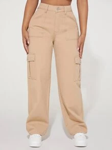 SHEIN PETITE High Waist Flap Pocket Side Cargo Jeans - Khaki - View 4