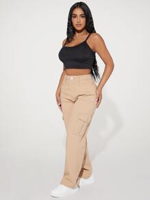 SHEIN PETITE High Waist Flap Pocket Side Cargo Jeans - Khaki - View 5