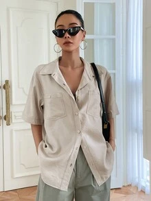 DAZY Camisa unicolor con parche de bolsillo - Albaricoque - Ver 3