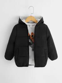 SHEIN 男童斜口袋泰迪熊衬里连帽棉服外套（无套衫） - 黑色 - 查看 3