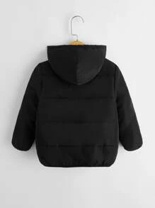 SHEIN 男童斜口袋泰迪熊衬里连帽棉服外套（无套衫） - 黑色 - 查看 2