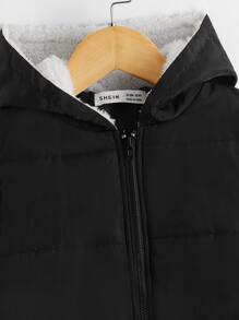 SHEIN 男童斜口袋泰迪熊衬里连帽棉服外套（无套衫） - 黑色 - 查看 4