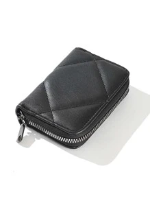 Pu卡夾絎縫拉鍊多卡卡收納盒可存放信用卡 - 黑色 - 查看 4