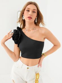 SHEIN BAE Top corto de un hombro de manga a capas - Negro - Ver 5