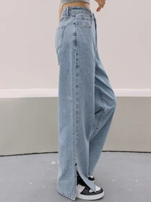 DAZY 下擺開叉闊腿牛仔褲 - 淺色水洗藍 - 查看 3