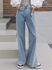 DAZY 下擺開叉闊腿牛仔褲 - 淺色水洗藍 - 查看 4