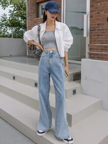 DAZY 下擺開叉闊腿牛仔褲 - 淺色水洗藍 - 查看 5