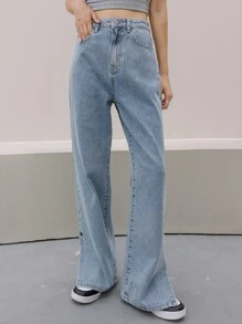 DAZY 下擺開叉闊腿牛仔褲 - 淺色水洗藍 - 查看 8