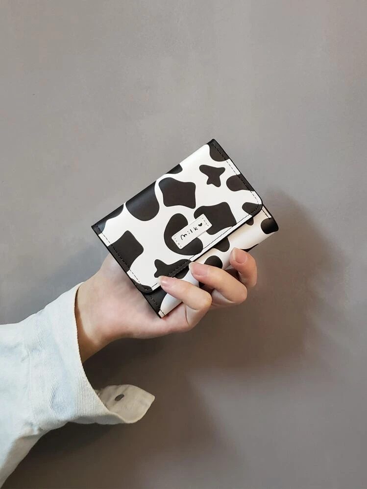 Nueva billetera corta con estampado de vaca, monedero plegable con estilo universitario lindo para tarjetas - Blanco y Negro - Ver 1