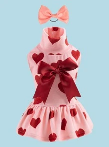 1 Pc Heart Printed Spandex Crystal Velvet Dress With Bow Ribbon, Perfect For Wedding Parties, Staycations - Pink - View 3