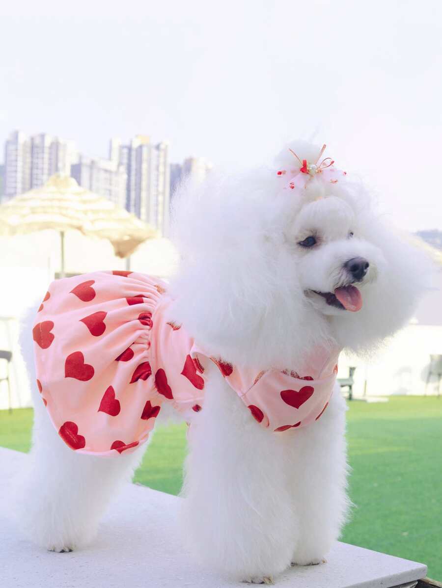 1 Pc Heart Printed Spandex Crystal Velvet Dress With Bow Ribbon, Perfect For Wedding Parties, Staycations