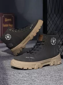 Men Letter Patch Decor Lace-up Front Combat Boots - Khaki - View 1