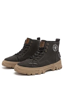 Men Letter Patch Decor Lace-up Front Combat Boots - Khaki - View 2