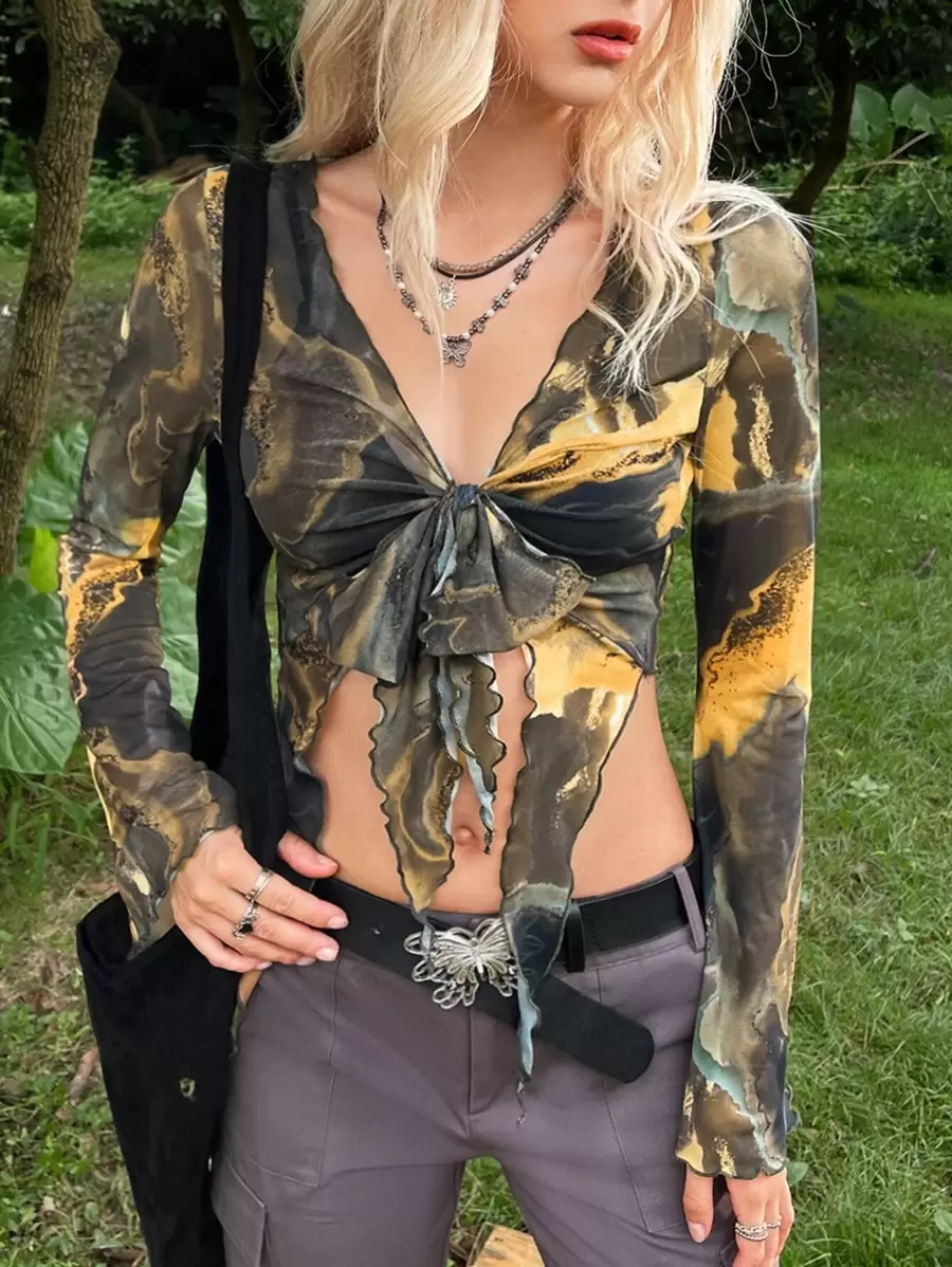 SHEIN ICON 頹廢搖滾大理石圖案木耳邊前繫帶網紗短款上衣 - 彩色 - 查看 1