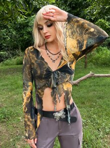 SHEIN ICON 頹廢搖滾大理石圖案木耳邊前繫帶網紗短款上衣 - 彩色 - 查看 3