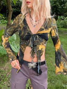 SHEIN ICON 頹廢搖滾大理石圖案木耳邊前繫帶網紗短款上衣 - 彩色 - 查看 7