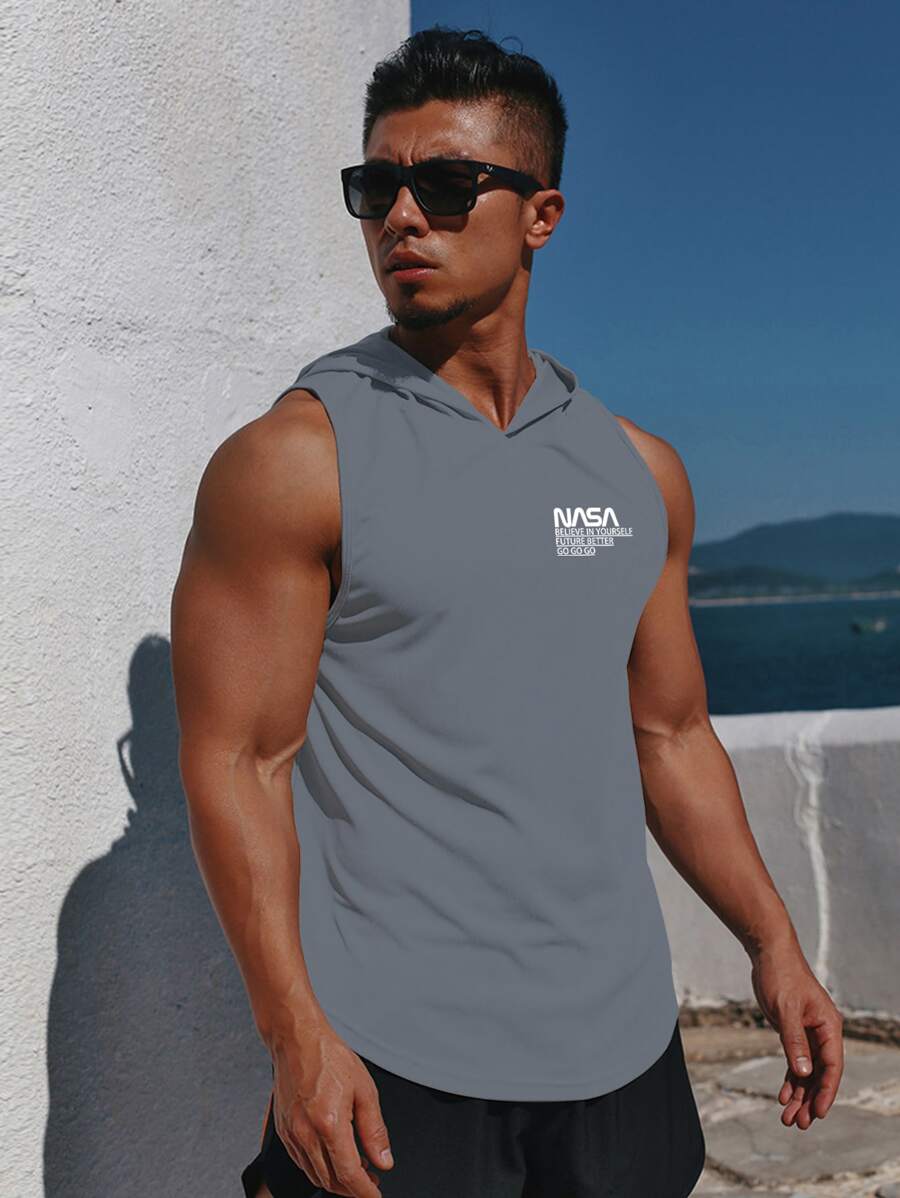 Manfinity Fitness Boyfriend Style Men Slogan Graphic Hooded Sports Tank Top - Grey - View 1