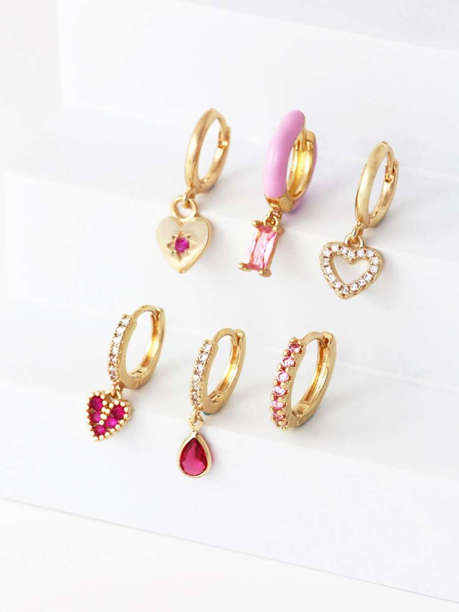 6 piezas Aretes con decoración de corazón y gota de agua con circonita cúbica, para San Valentín, Mamá, Madre, Día de la Madre, Regalo - Amarillo Oro - Ver 1