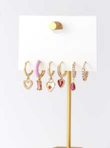 6 piezas Aretes con decoración de corazón y gota de agua con circonita cúbica, para San Valentín, Mamá, Madre, Día de la Madre, Regalo - Amarillo Oro - Ver 2