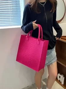 Waterproof,Lightweight,Business Casual Neon Pink Crocodile Embossed Felt Top Handle Bag For Teen Girls Women College Students,Rookies & White-collar Workers Perfect for Office,College,Work ,Business,Commute - Hot Pink - View 1