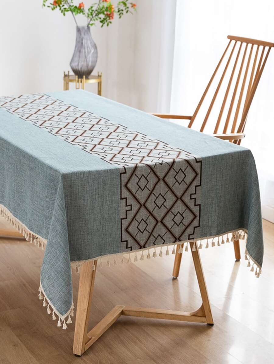 Mantel con patrón geométrico ribete con fleco - Multicolor - Ver 1