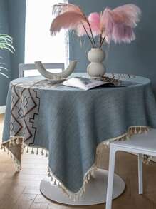 Mantel con patrón geométrico ribete con fleco - Multicolor - Ver 3