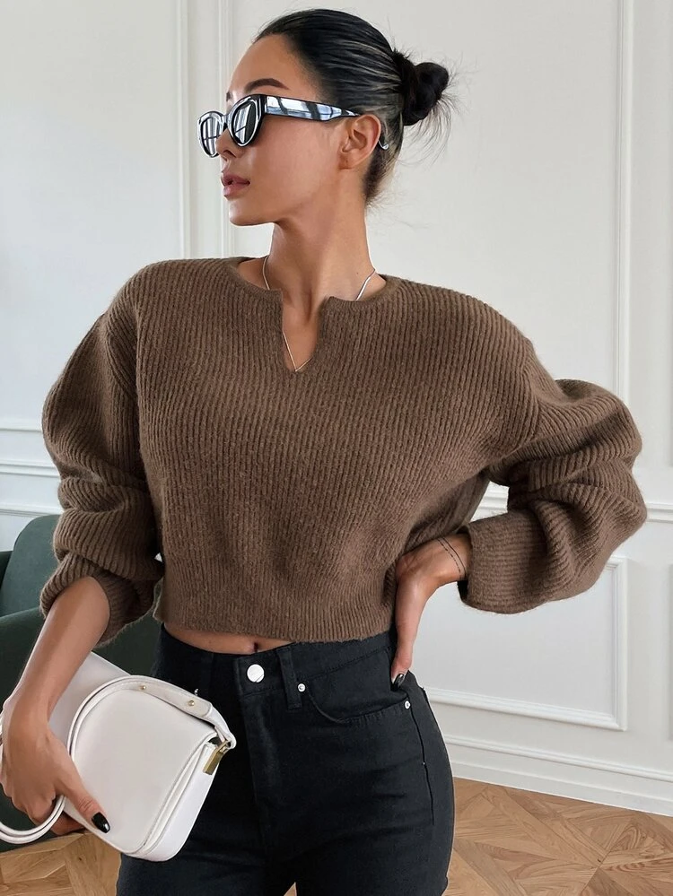 Notched Neckline Drop Shoulder Sweater