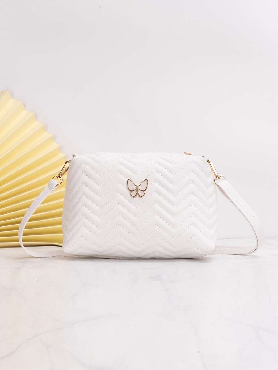 Chevron Stitch Detail Butterfly Decor Square Bag - White - View 1