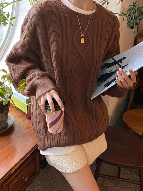 DAZY 1pc Cable Knit Drop Shoulder Sweater,Fall Women Clothes