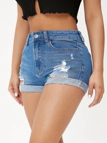 SHEIN PETITE 高腰破洞牛仔短褲 - 中等水洗藍 - 查看 3