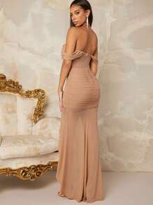 Off Shoulder Corset Panel Detail Thigh Slit Ruched Bodycon Dress - Khaki - View 2