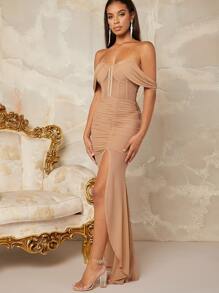 Off Shoulder Corset Panel Detail Thigh Slit Ruched Bodycon Dress - Khaki - View 3