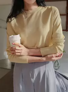 DAZY Áo len cổ tròn trơn, Quần áo nữ mùa thu - Màu vàng - Xem 4