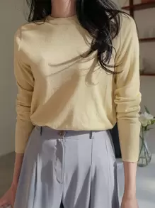 DAZY Áo len cổ tròn trơn, Quần áo nữ mùa thu - Màu vàng - Xem 5