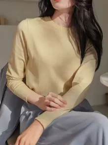 DAZY Áo len cổ tròn trơn, Quần áo nữ mùa thu - Màu vàng - Xem 7