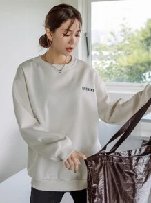 DAZY 标语图案落肩保暖衬里运动衫，秋季女装 - 米色 - 查看 3