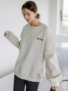 DAZY 标语图案落肩保暖衬里运动衫，秋季女装 - 米色 - 查看 4