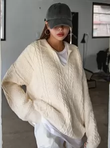 DAZY Drop Shoulder Cable Knit Jumper Without Tee - Beige - View 3